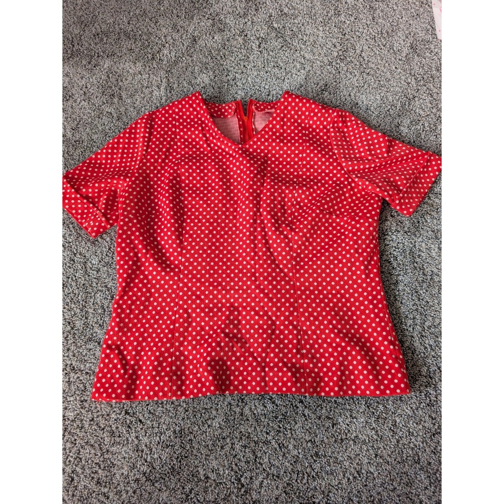 Vintage Red White Polka Dot V-Neck Short Sleeve Knit Blouse Back Zip Large